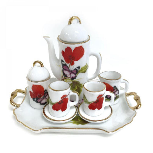 Set Of 7 Miniature Poppies And Butterflies Patterned Decorative Tea Set