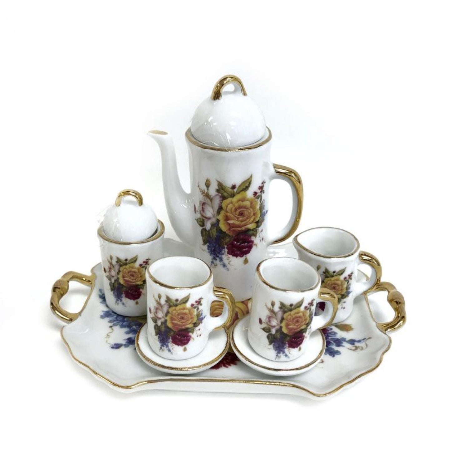 Set Of 7 Miniature Colorful Roses Patterned Decorative Tea Set