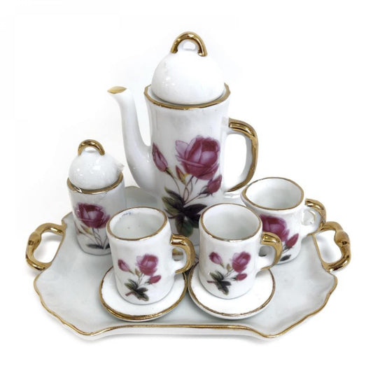 Set Of 7 Miniature Pink Roses Patterned Decorative Tea Set