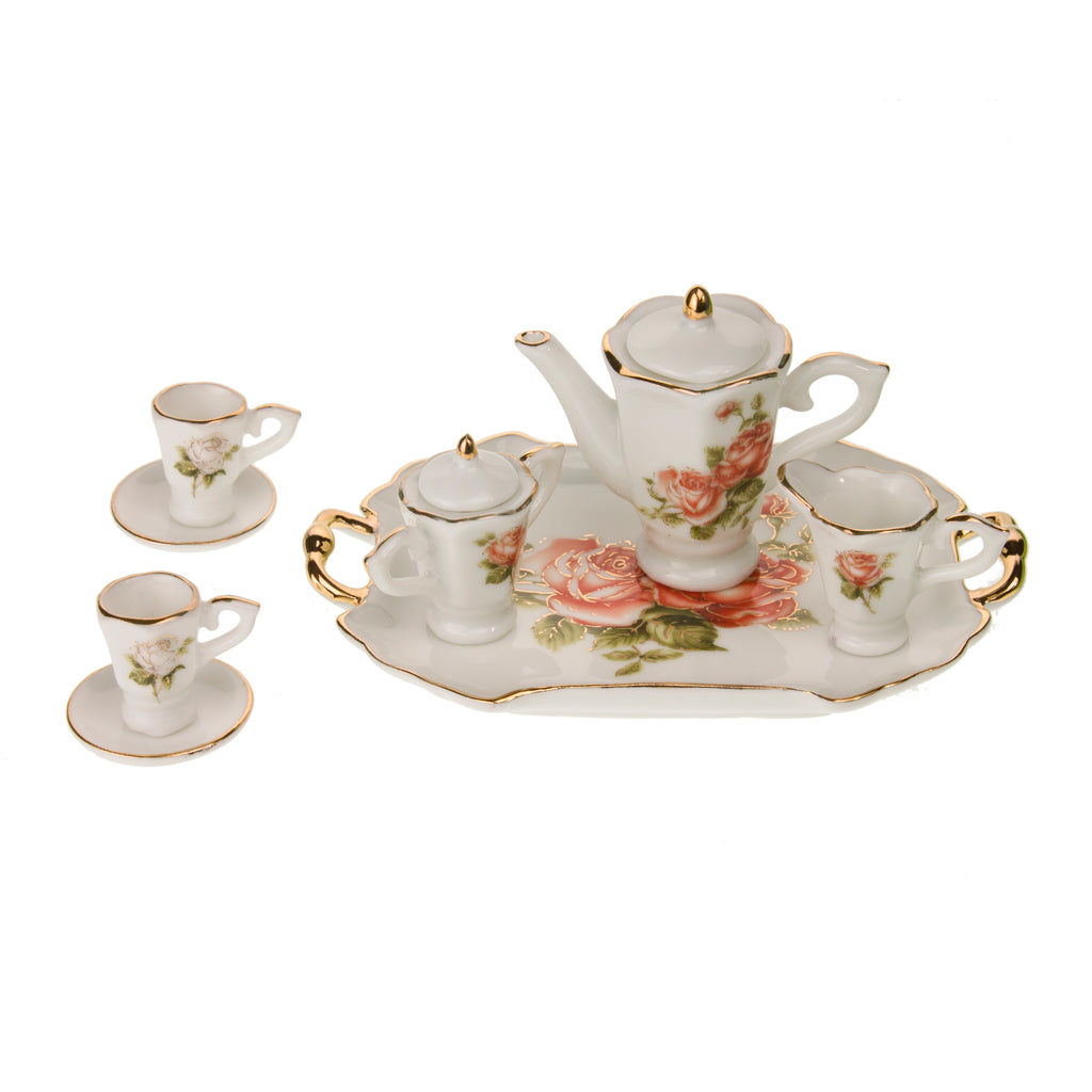 Set Of 7 Miniature Blush Pink Roses Patterned Decorative Tea Set