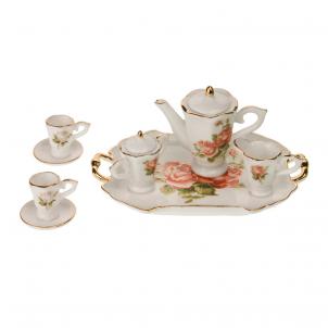 Set Of 7 Miniature Blush Pink Roses Patterned Decorative Tea Set