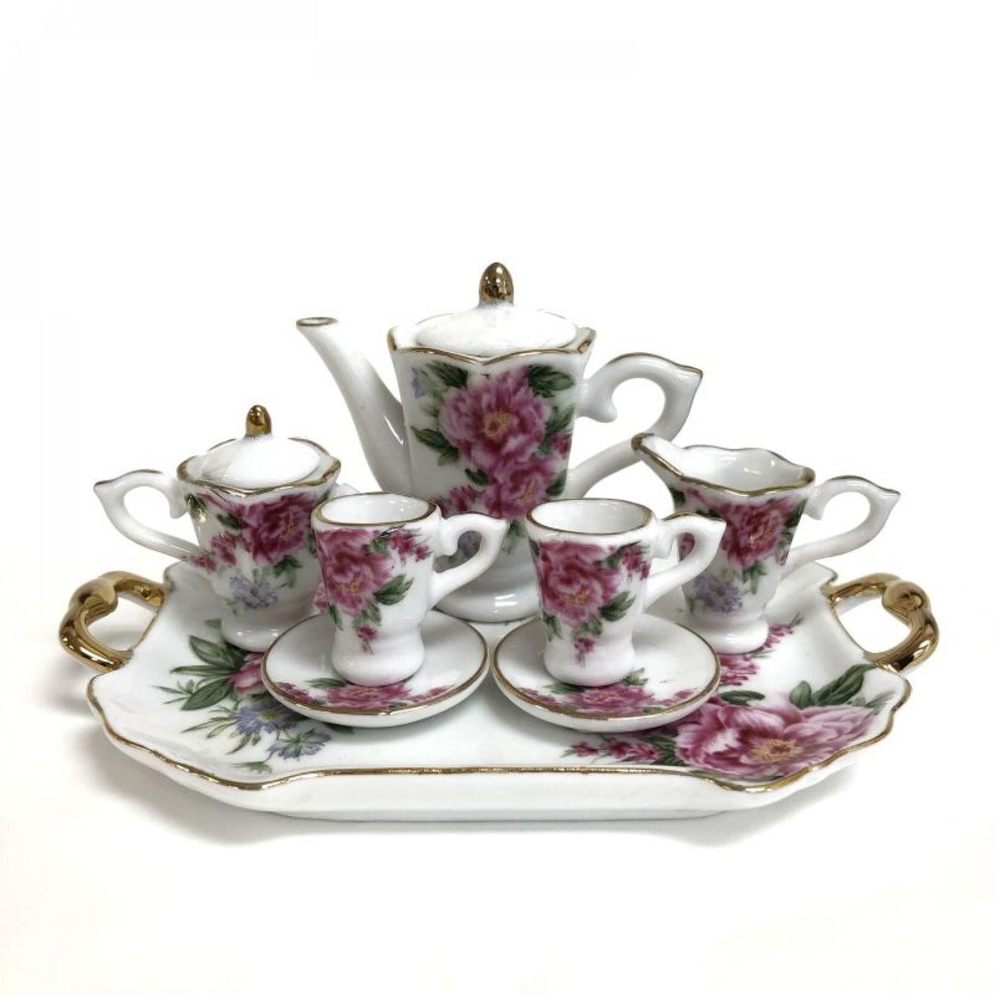 Set Of 7 Miniature Red Roses Patterned Decorative Tea Set