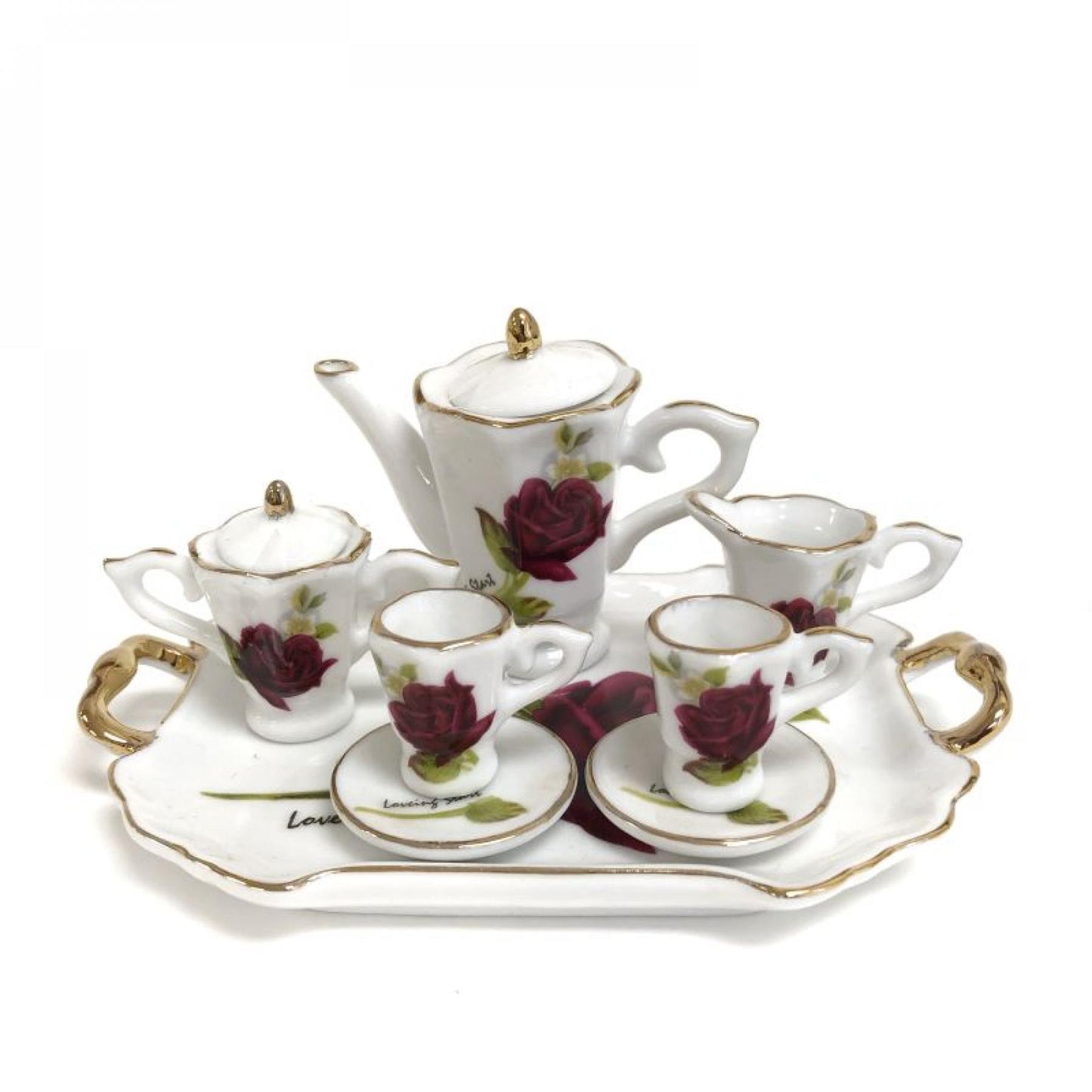 Set Of 7 Miniature Pink Flowers Patterned Decorative Tea Set