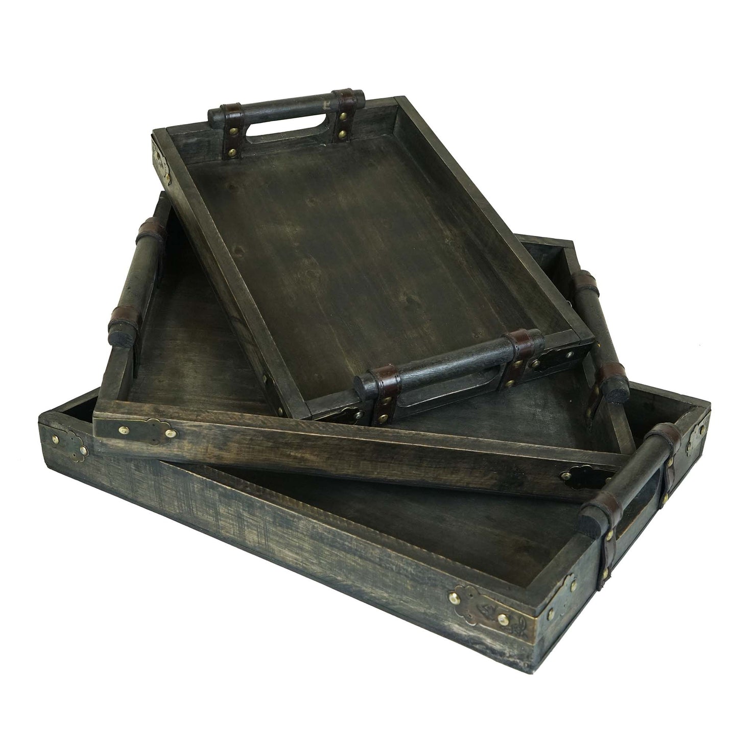 Set Of 3 Wood With Metal Accents And Handles Decorative Trays