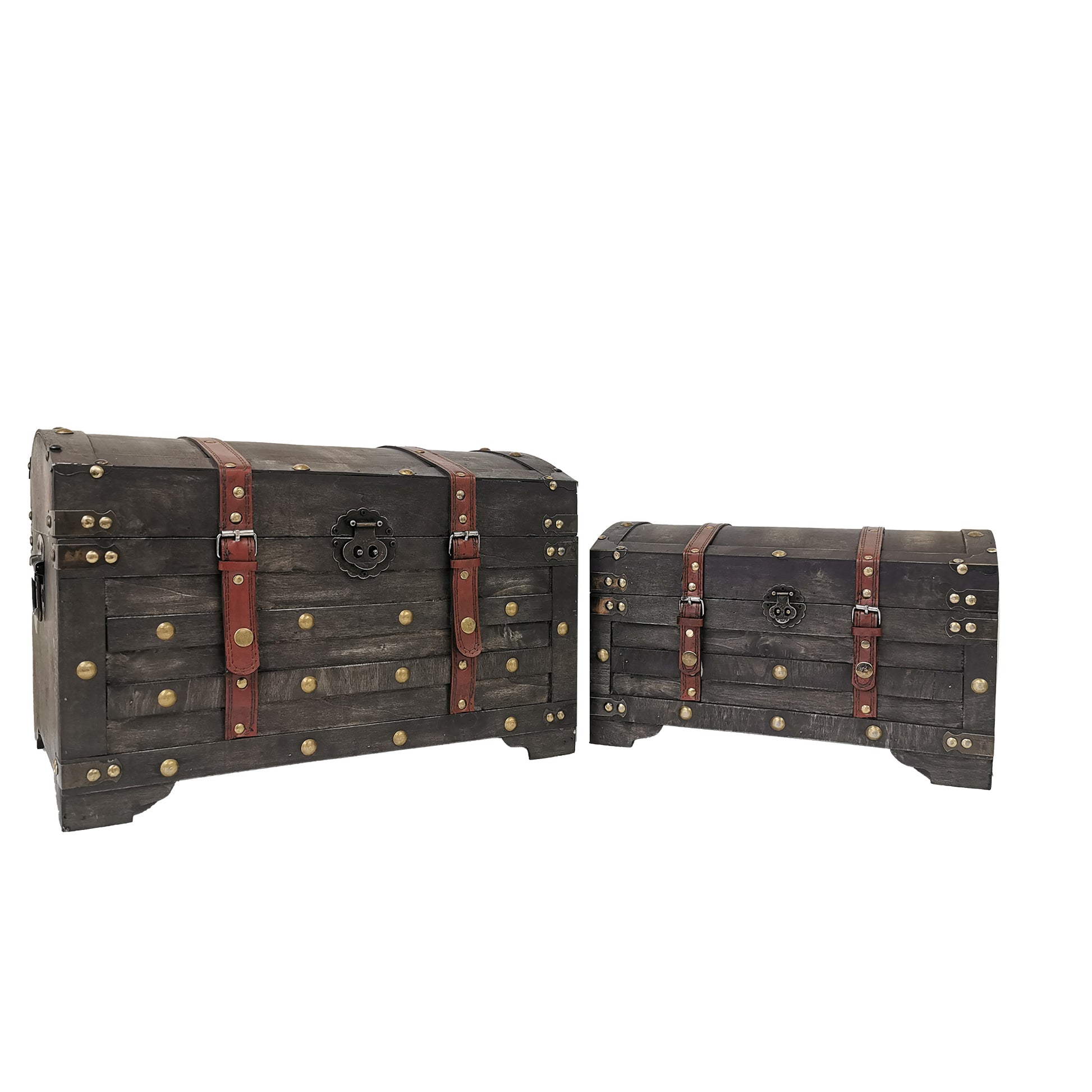 Set Of 2 Distressed Gray With Straps And Metal Accents Decorative Chests