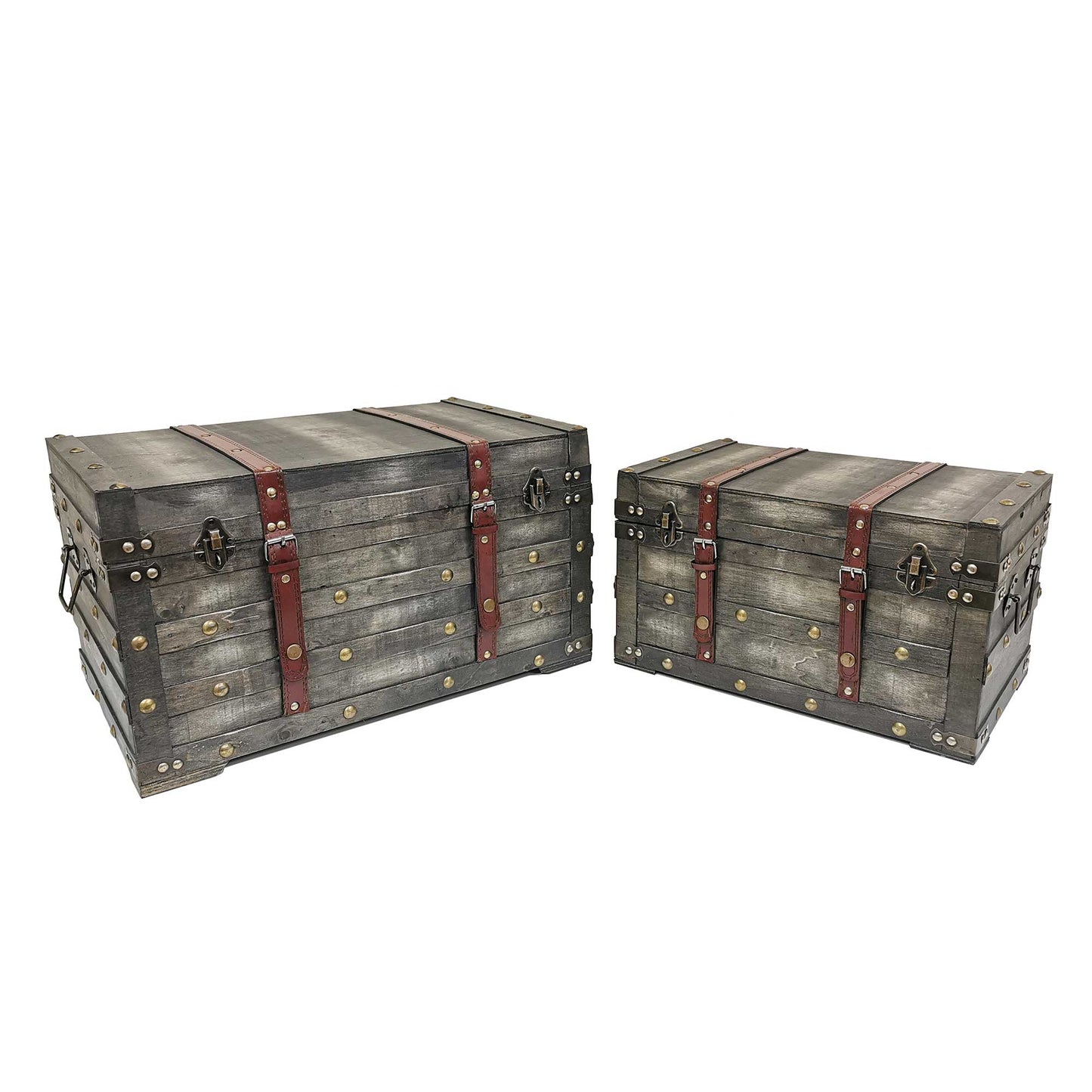 Set Of 2 Weathered Gray With Straps And Metal Accents Trunks