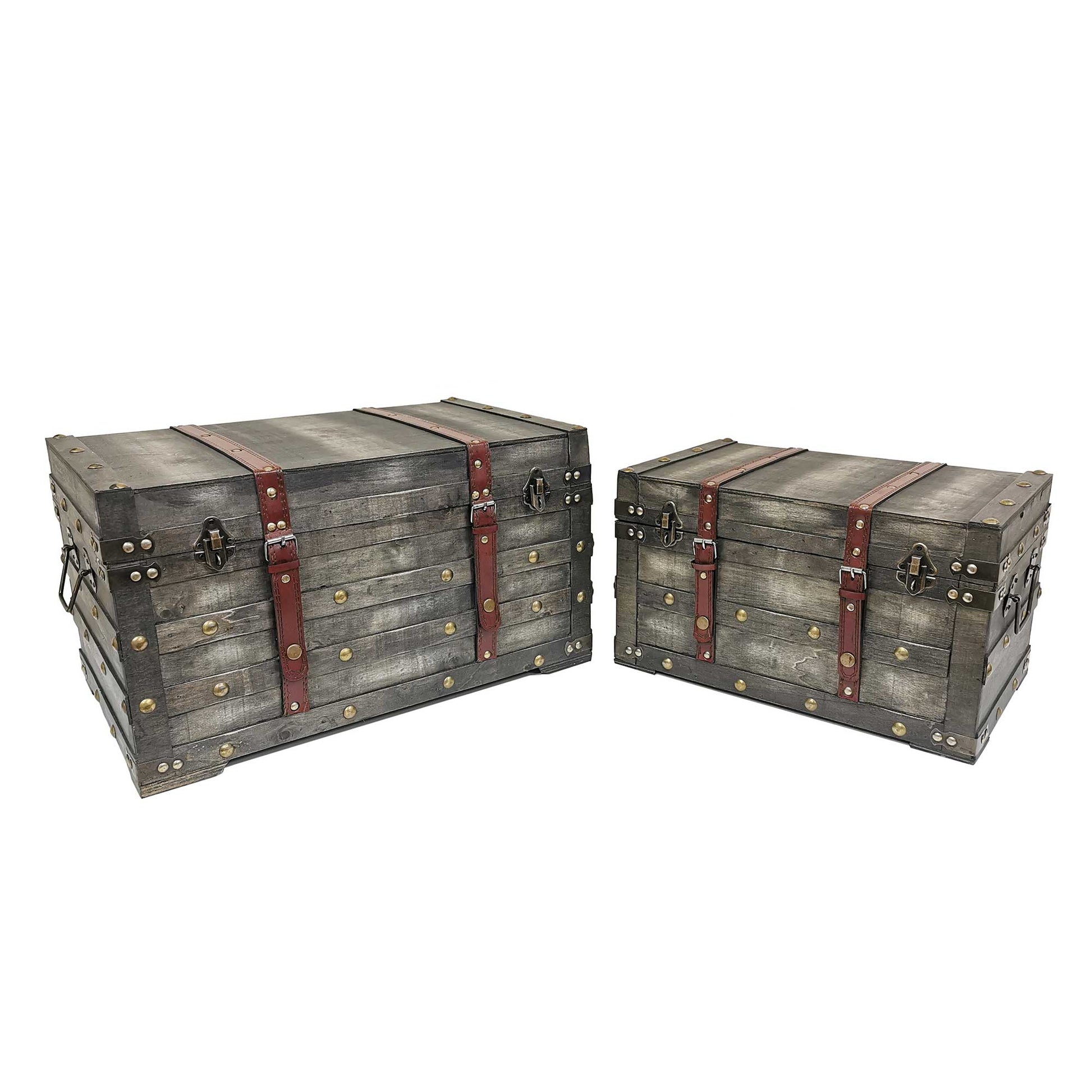 Set Of 2 Weathered Gray With Straps And Metal Accents Trunks