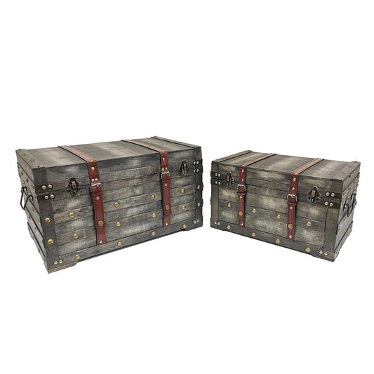 Set Of 2 Weathered Gray With Straps And Metal Accents Trunks