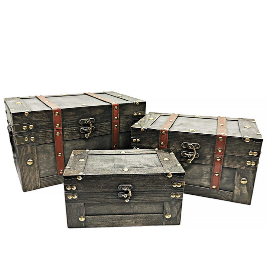 Set Of 3 Steamer Look With Straps And Metal Accents Decorative Trunks