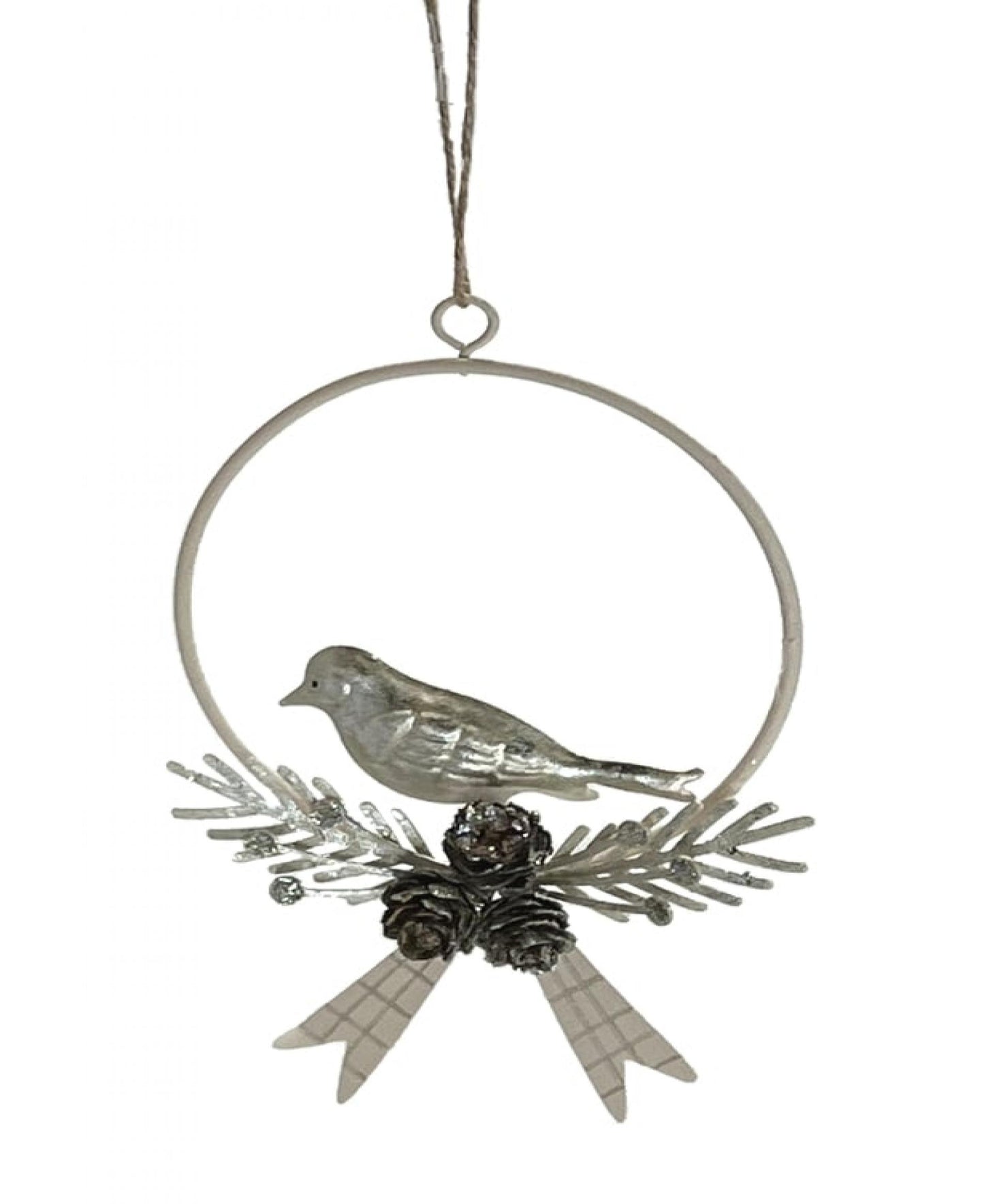 Metal Wreath With A Bird, Pine Cones, Branch And Ribbon Ornament