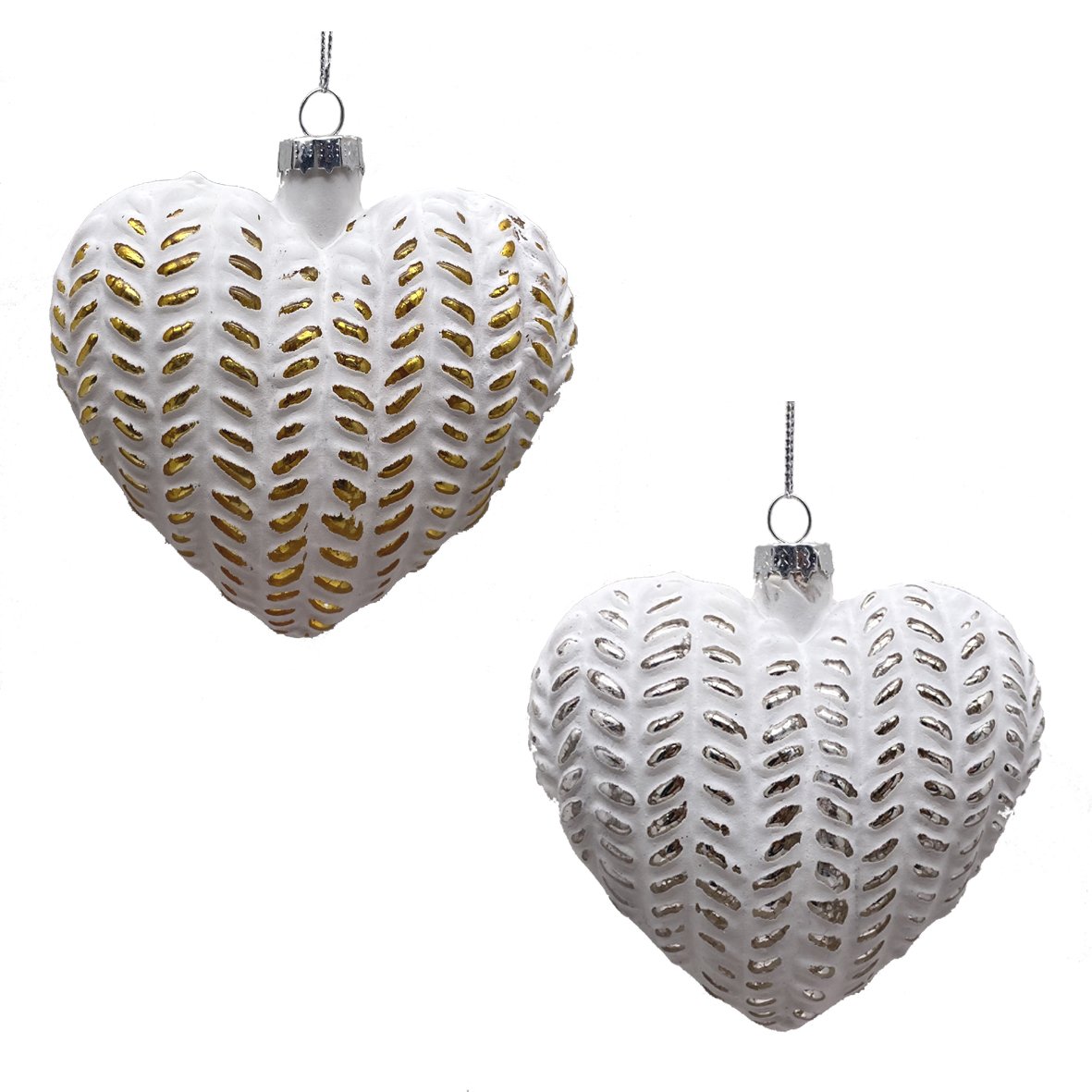 White And Silver And White And Gold Patterned Heart Shaped Ornaments