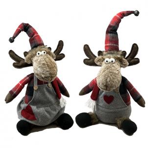 Set Of 2 Assorted Sitting Moose In Plaid Hats Figurine