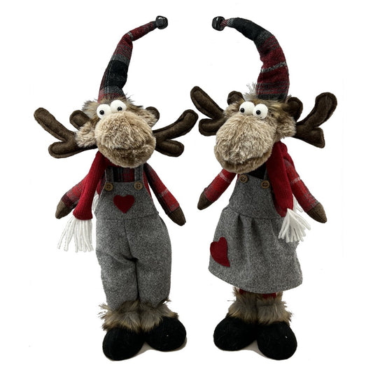 Set Of 2 Assorted Standing Moose In Plaid Hats Figurine