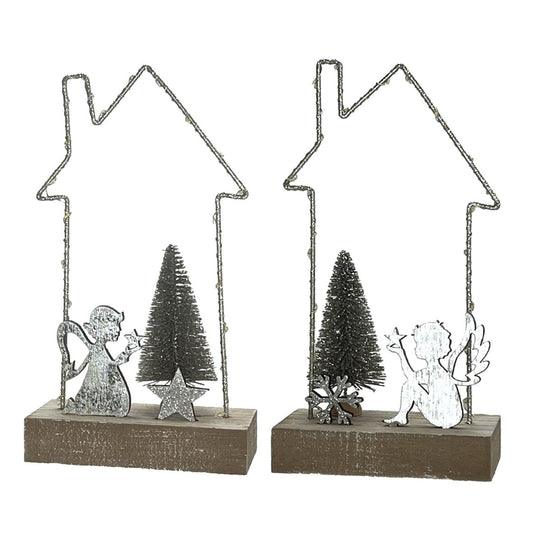 Set Of 2 Assorted Styles- House Silhouettes With Led Lit Fairies At Christmas Trees Decorations