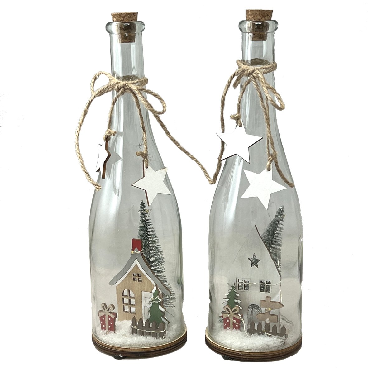 Set Of 2 Assorted Decorative Bottles With Led Lit Winter Scenes Figurine