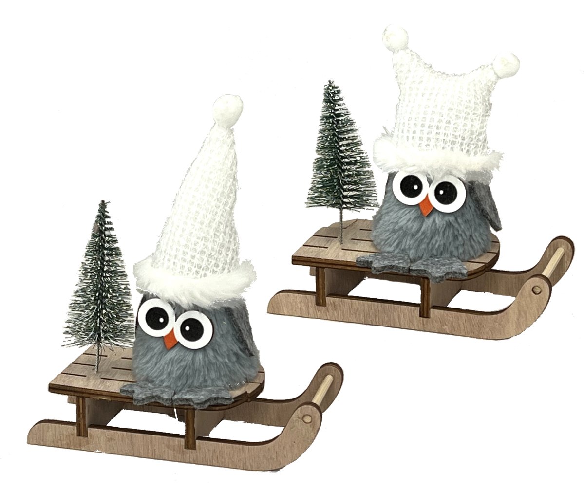 Set Of 2 Assorted Style- Owls Wearing Hats On Sleds Decorations