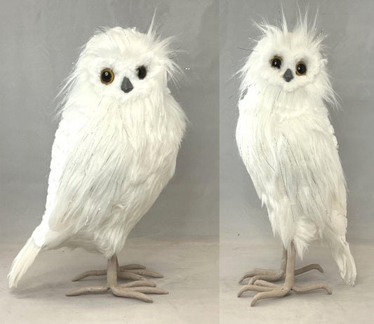 Set Of 2 Assorted Standing Feathered Snowy Owls Figurine