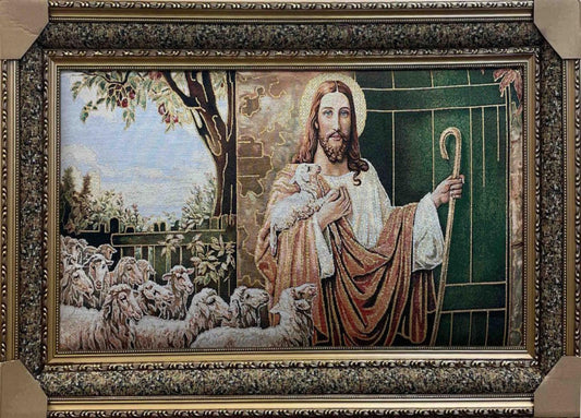 Jesus With Lambs Knocking On The Door Framed Tapestry