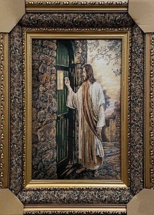 Jesus Knocking On Green Door Framed Tapestry