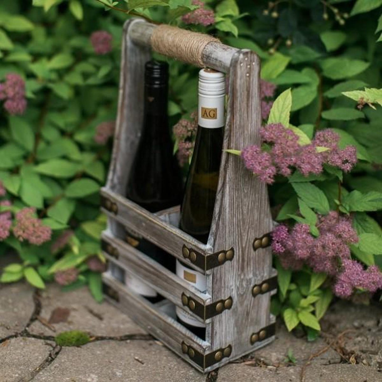 2 Bottles Wood With Metal And Rope Accents Handled Wine Holder