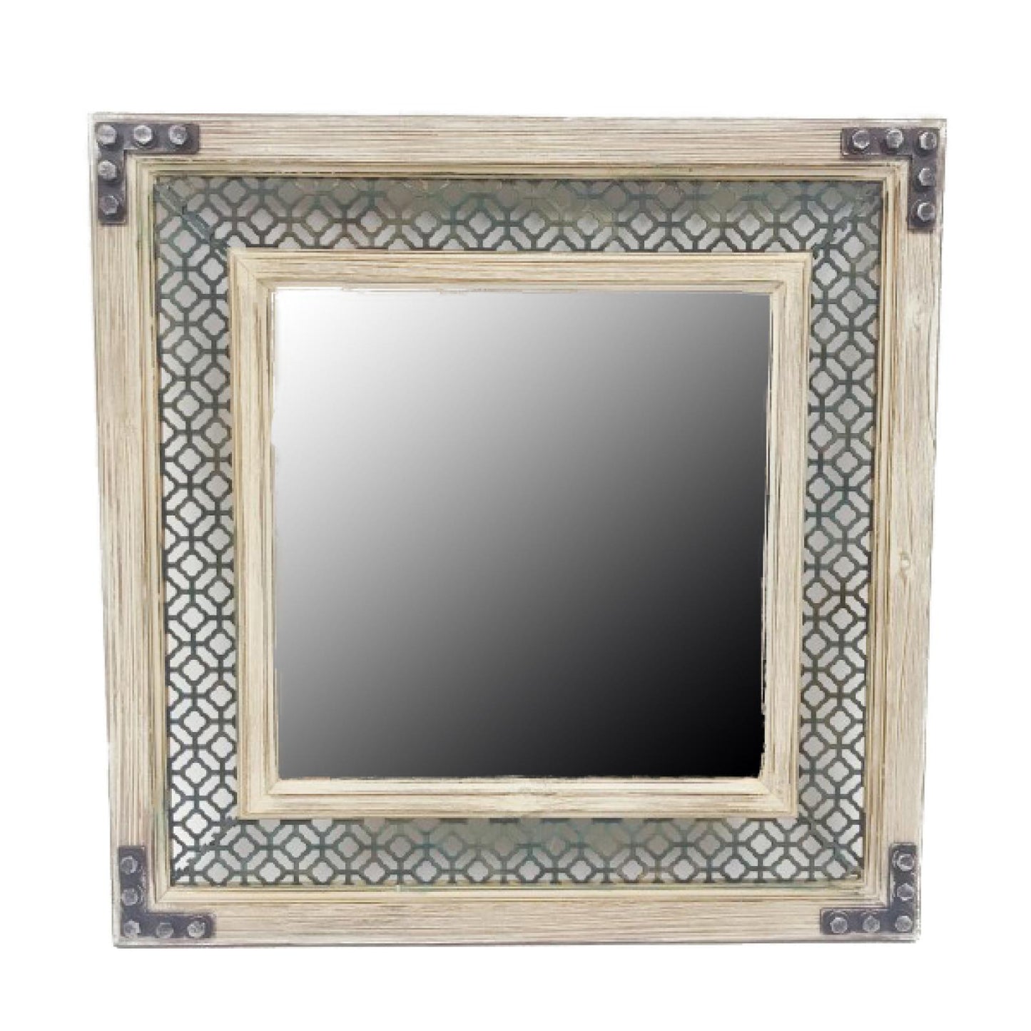 Washed White Frame With Green Metal Surround Square Wall Mirror