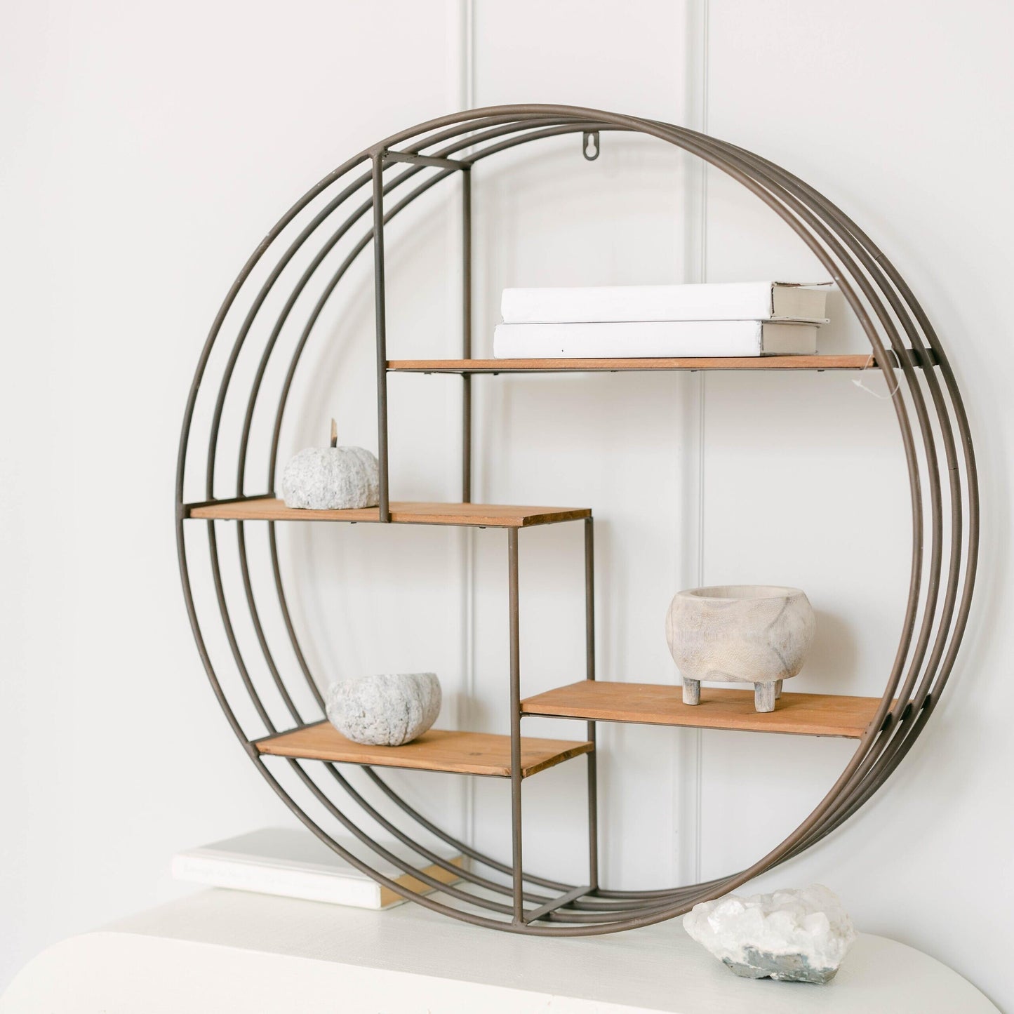 Round Metal Frame With Light Wood Wall Shelf