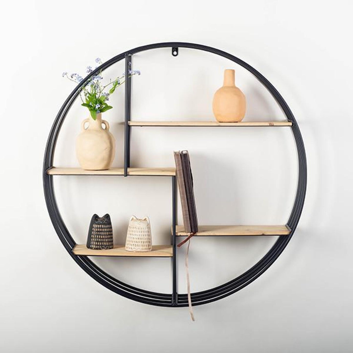 Round Metal Frame With Light Wood Wall Shelf