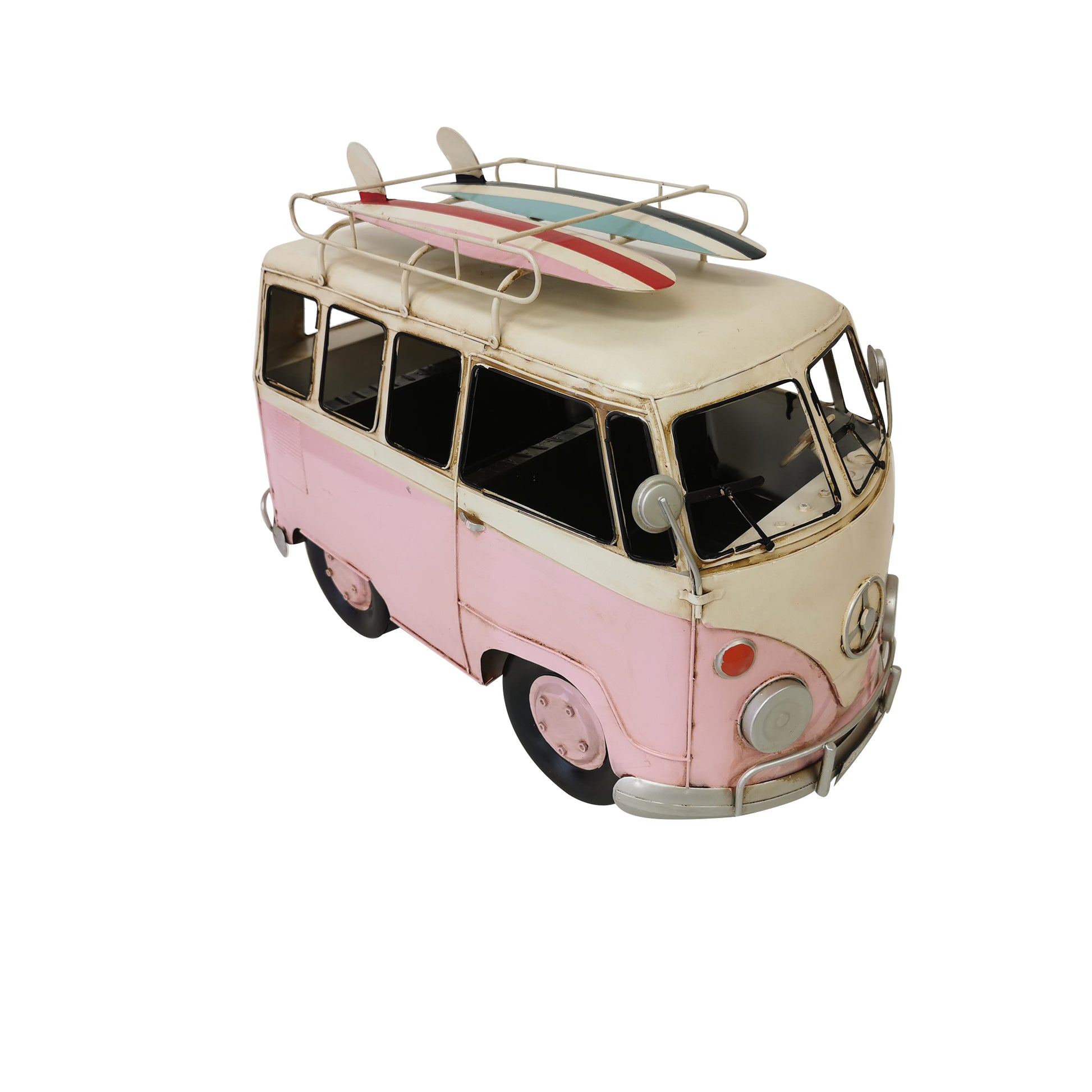 Vintage Pink And White Camper Bus With Surfboards Decoration