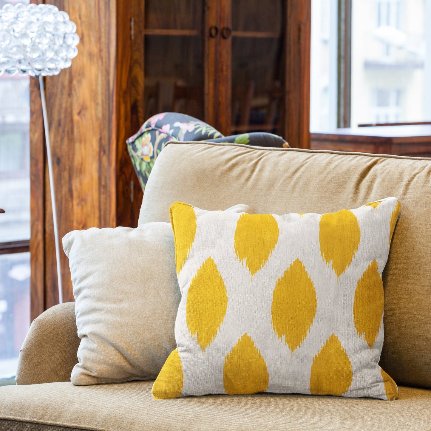 Yellow And White Ikat Pattern With Polyester Insert Pillow